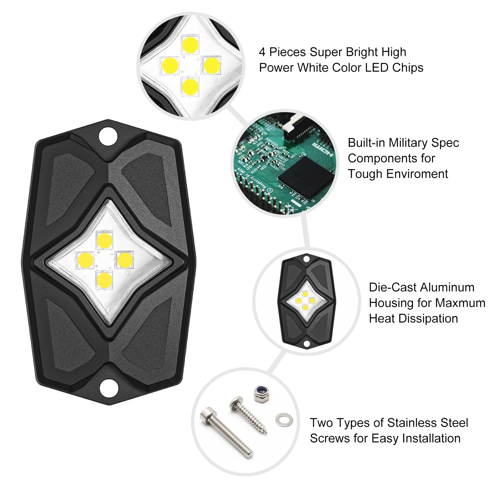 Edge RLW-6 IP68 Waterproof White LED Rock Lights 6 Pods, Under-glow White LED Light for Car Truck ATV UTV SUV Off-road Boat Mo