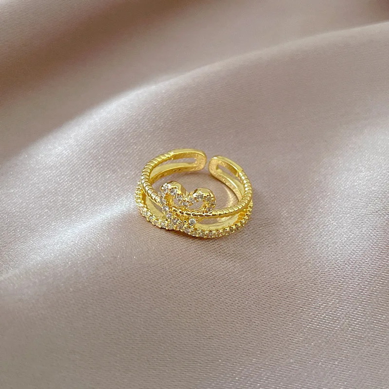 Brass 18 K Gold Plated Heart Love Diamond Two Cycles Rings for Women Hollow Metal Texture Multilayer Ring Trendy Jewelry