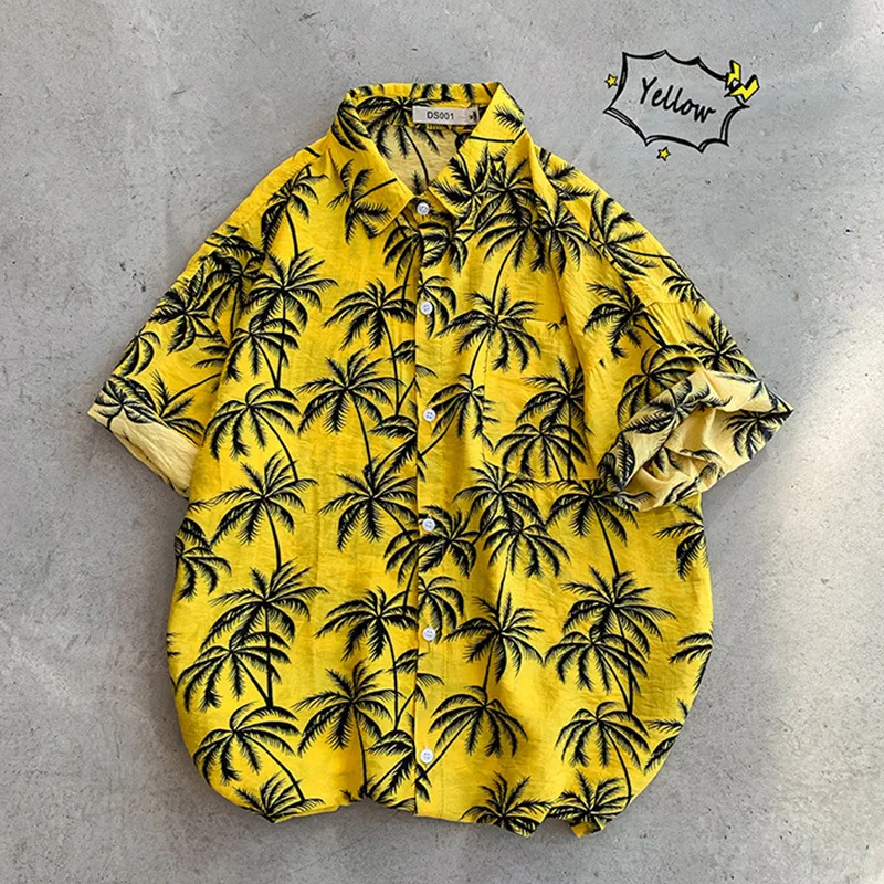 Vacation Style Hawaiian Beach Shirts Short Sleeve Loose Plus Size Vintage Poplin Shirt For Men