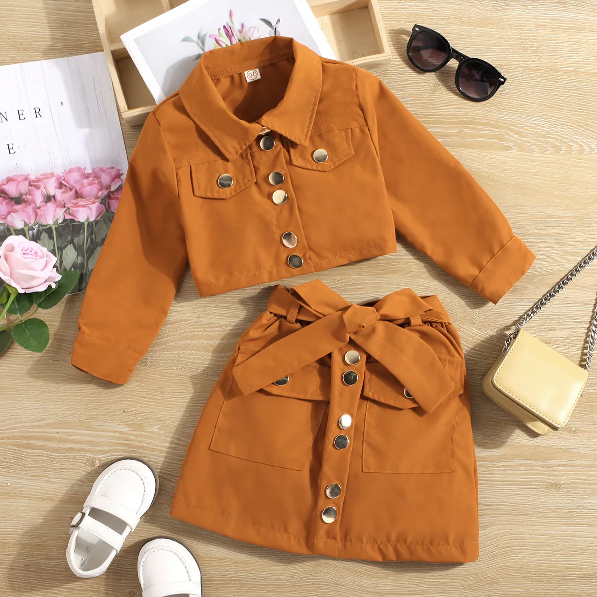 Hot sale American girls Spring and Fall long sleeves lapel jacket 2pcs + bow A- line short skirt suit