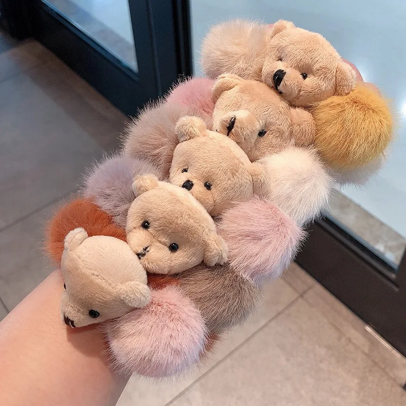 New Style Cute Bear Fur Plush Hair Rope Kids Elastic Hair Bands Rubber Hair Scrunchies For Girls
