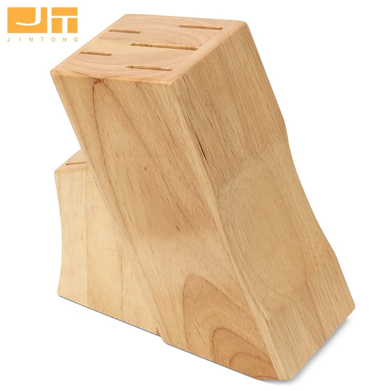 Factory Rubber Wood 9 Slots Knife Holder Surface Curved Bevel Kitchen Knife Storage Block Organizer