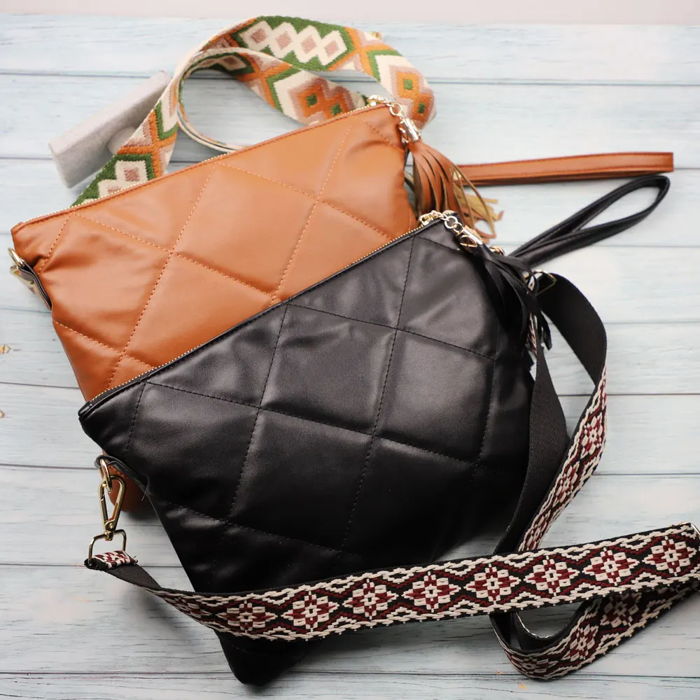 Hot Sale Fashion Rhombus Pattern Women Tassel Clutch Purse Vegan Leather Shoulder Crossbody Bag With Adjustable Guitar Strap