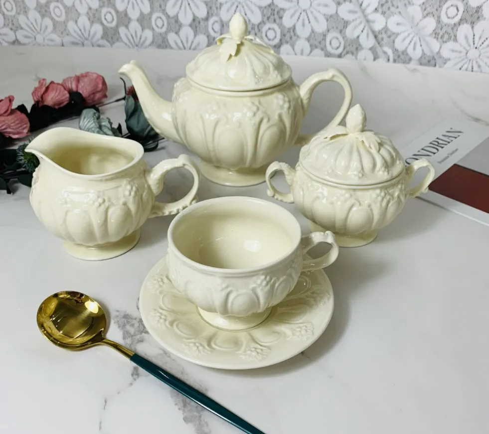 European vintage cream embossed berry leaf flower bouquet milk pot sugar pot ceramic coffee cup saucer tea set