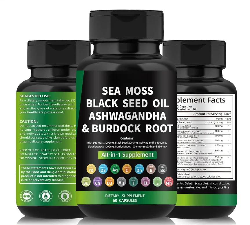 private label  all in Sea Moss Irish Black Seed Oil Ashwagandha capsules with Burdock Root as Multivitamin  health Supplements