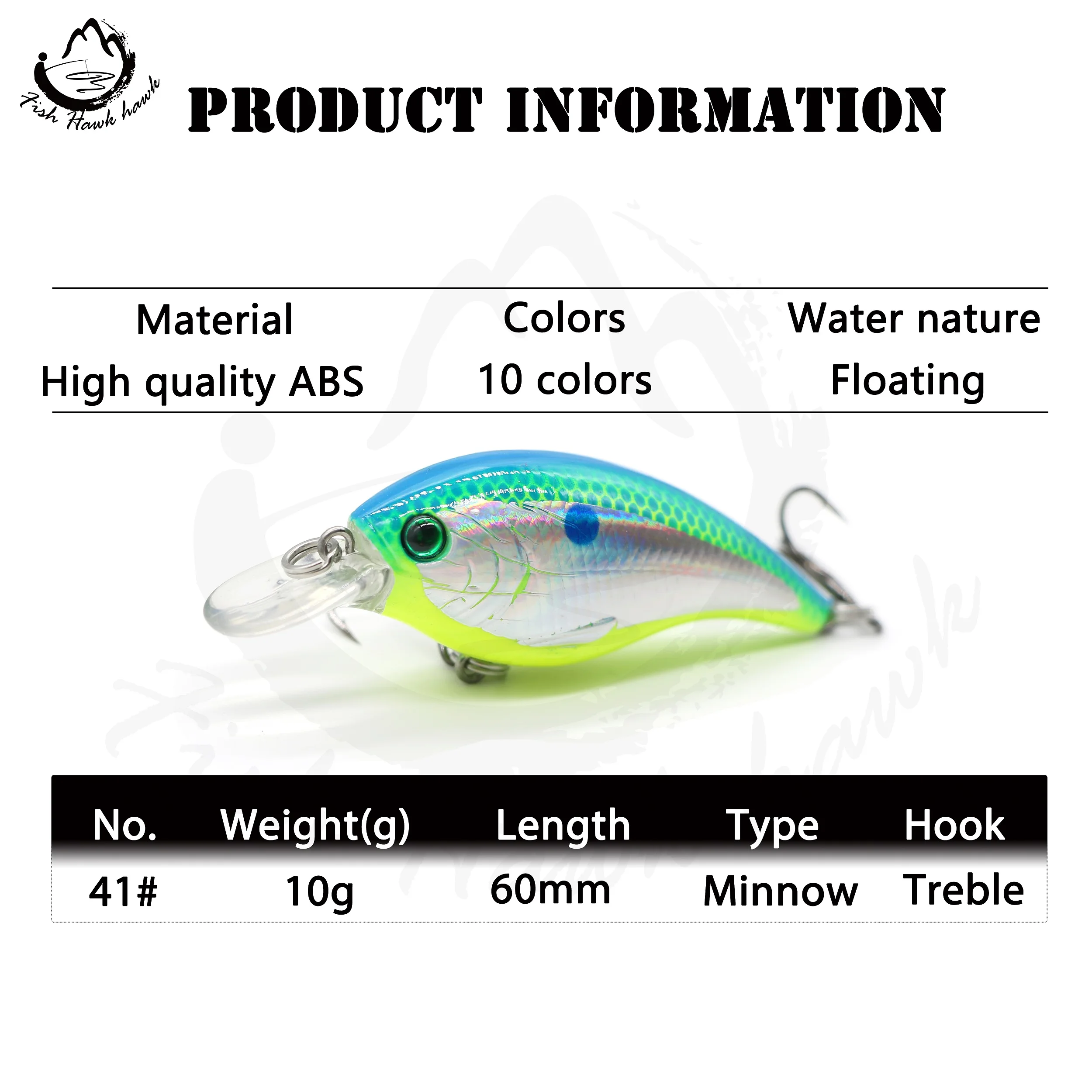 New 10g/60mm lipless square bill minnow crankbait blank fishing lures with treble hook