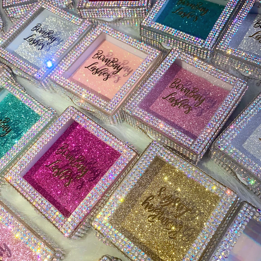 The most popular Glitter Bling diamonds Empty Diamond Lash Box Bling Mink Eyelash Case square lash box without Eyelashes