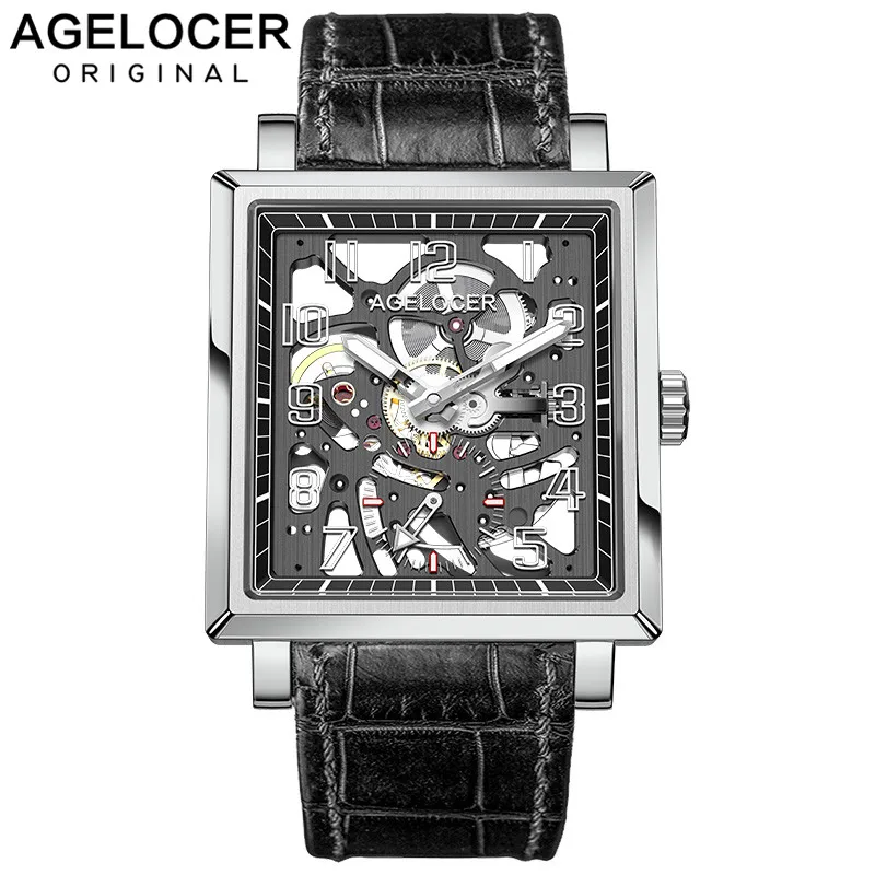 AGELOCER Black Luminous Swiss Fashion Analog Display Mens Mechanical Skeleton Wrist Watches Top Brand Luxury Watches