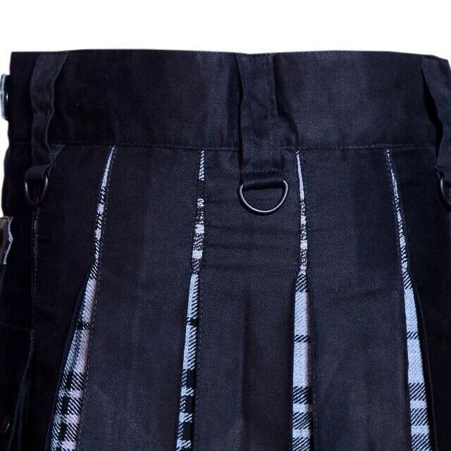 Men Scottish Hybrid Utility Kilt Leather Straps Cotton  Grey wash Tartan Pipe Band Uniform Wool Cloth Tartan Piper Kilt