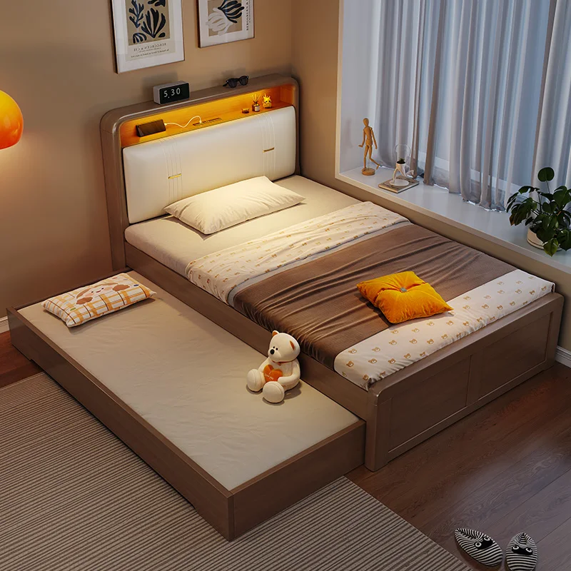 Modern Scandinavian Minimalist Style Double Bed Frame Fabric Headboard Fashionable Solid Wood Wall Bed Trundle Bedroom Furniture