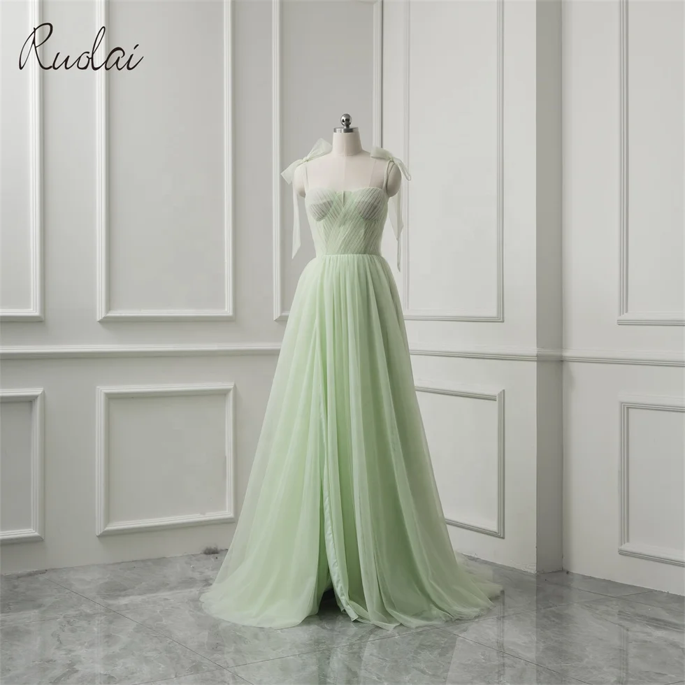 Ruolai LWC6712 Bow Lace Up A-Line Tulle Mint Pleating Spaghetti Strap Evening Dresses Women Lady Elegant