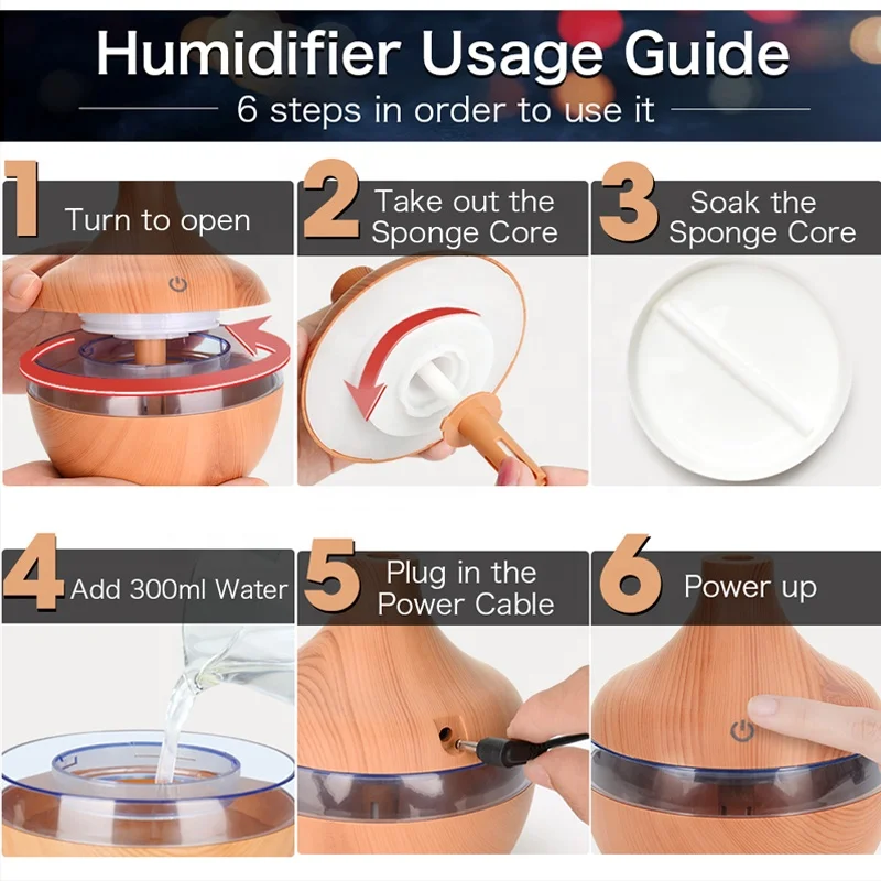 300ML USB Air Humidifier Electric Aroma Diffuser Mist Wood Grain Oil Aromatherapy Mini Have 7 LED Light For Car Home Office