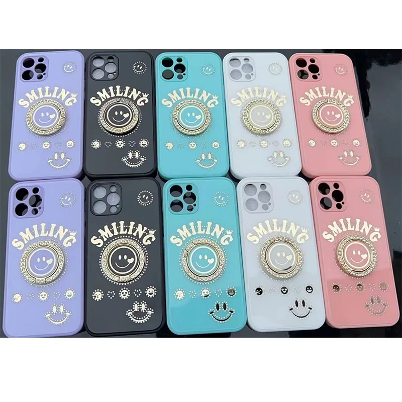 Cute photo smile round face diamond ring back cover protection tpu soft material case for iphone 12 13 pro max phone case
