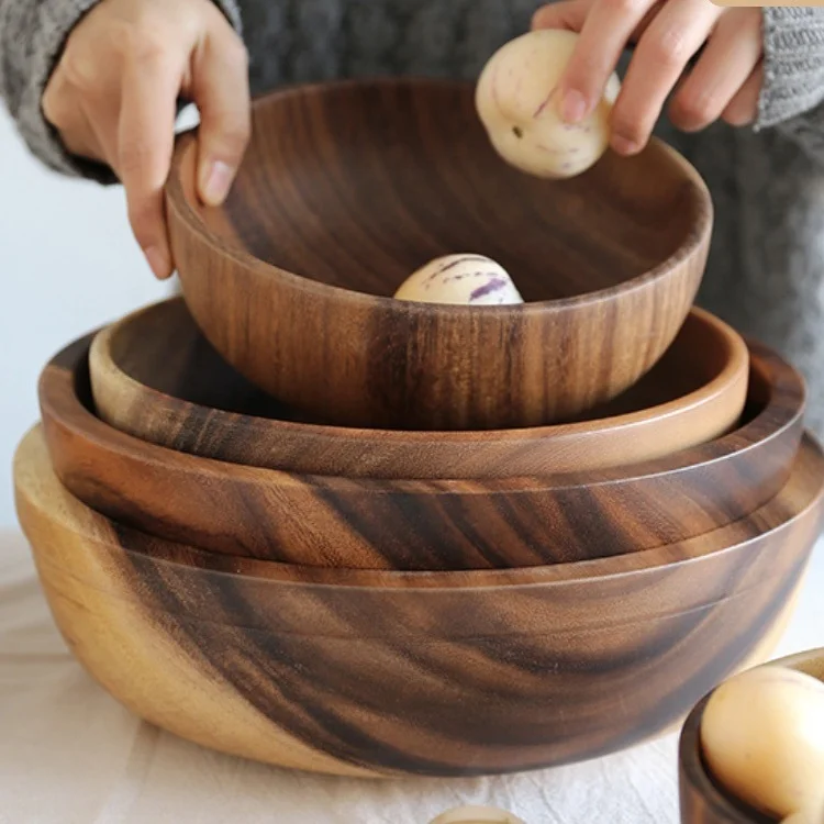 Japanese large whole wooden serving bowl fruit salad vegetables bowl acacia wooden salad bowls