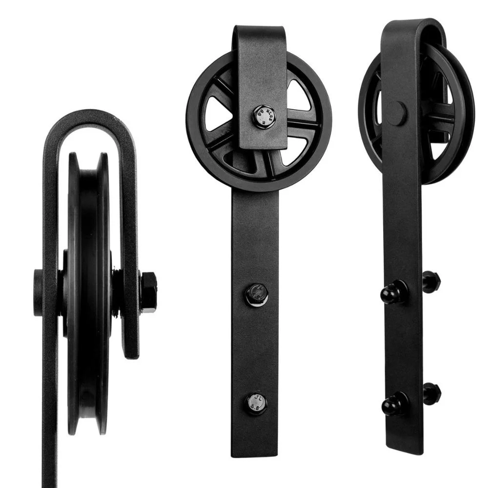 RHETECH In Stock Modern Black Barn Door Hardware with Rustic Big Wheel Sliding Roller for Solid Wood Door