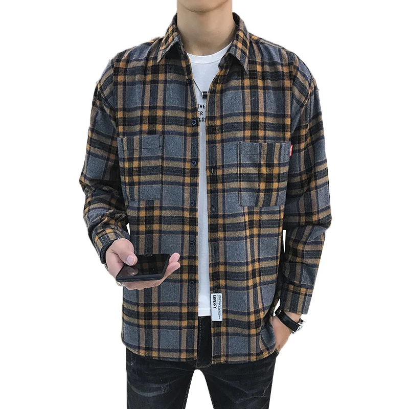 
Wholesale Fashion Checked Plaid Shirts Cotton Loose Plaid Shirts Men 