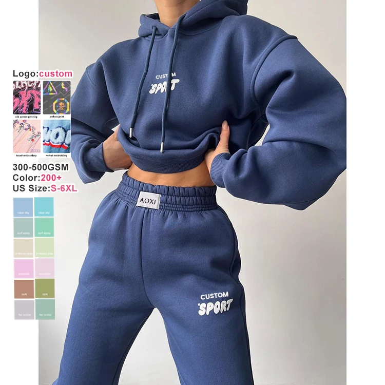 Wholesale custom puff printed drawstring fleece cropped hoodie set pour femmes hoodie oversized hoods and sweatshirts for women