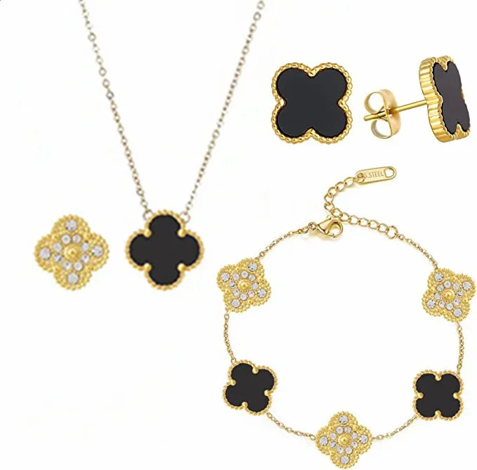 Five flower four leaf clover bracelet earring necklace set titanium steel double-sided bracelet earrings necklace jewelry sets