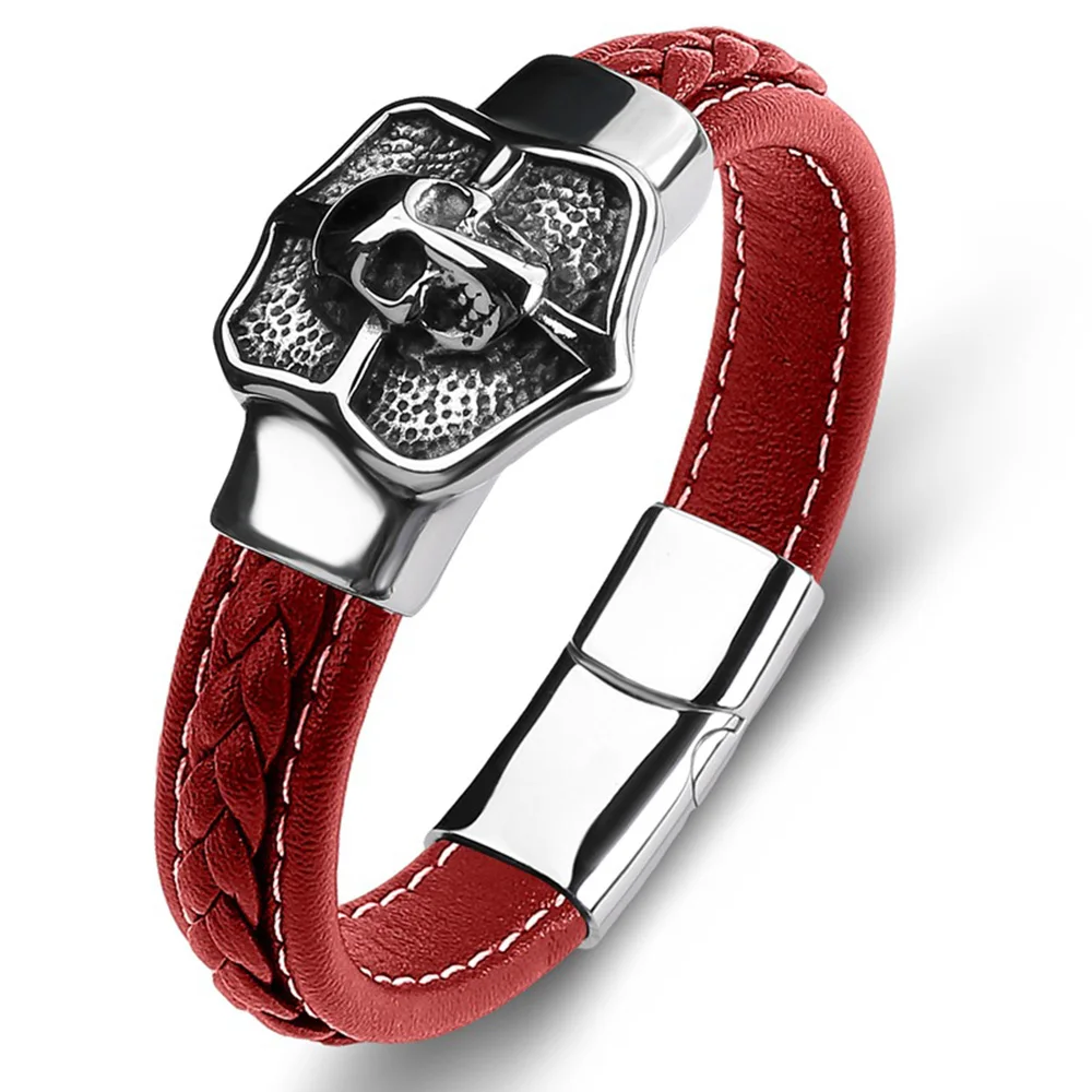 Custom Simple Vintage Braided Single Leather Bracelet Magnetic Tungsten Carbide Skull Bangle Mens