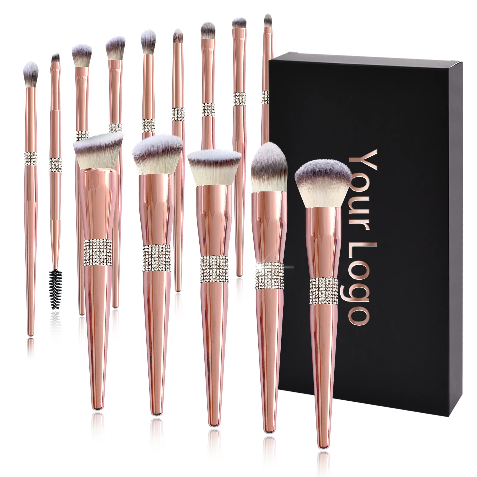 
Rose Golden Pink Diamond Custom Logo Private Label Glitter Package Box Makeup Brushes Set 