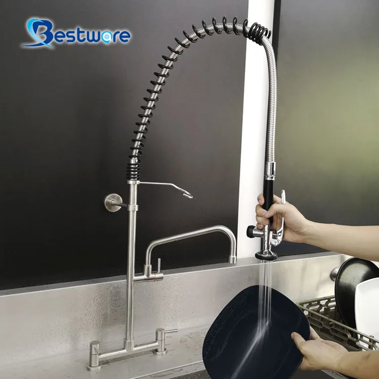High Quality Commercial Kitchen Faucet Pre-Rinse Stainless Steel with Dual Handle Pull down Sprayer Heavy Duty Ceramic Valve