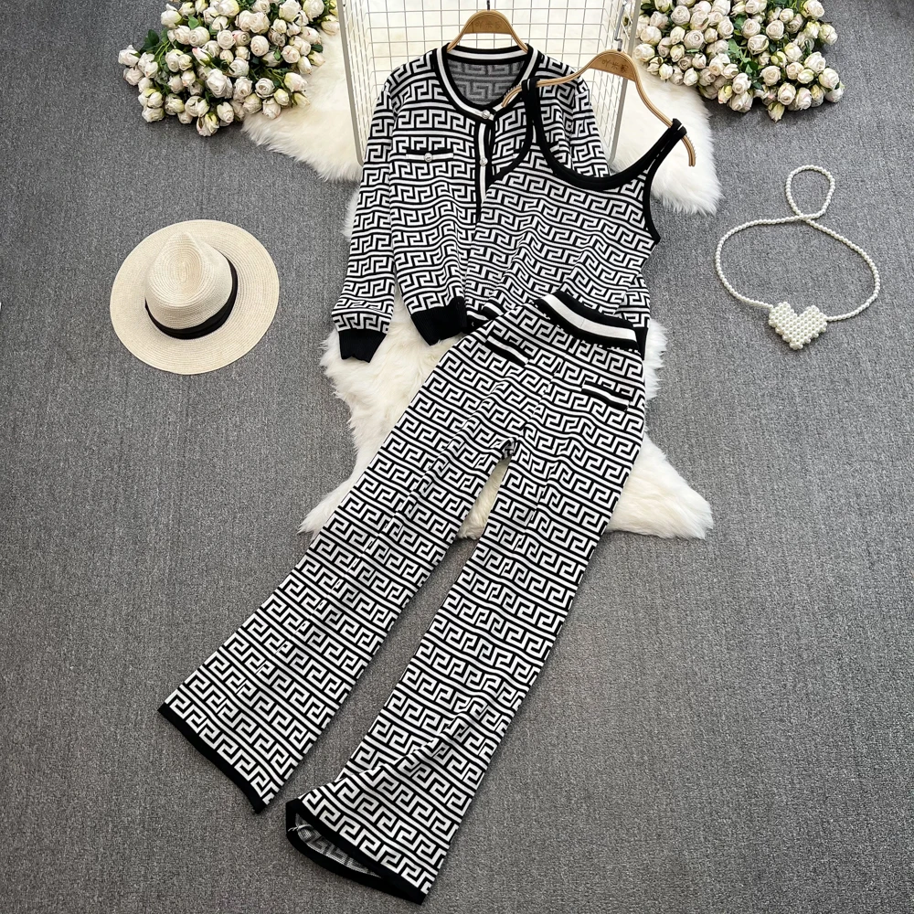 Customized jacquard knitted cardigan jacket vest three piece high waisted slim straight leg wide leg pants