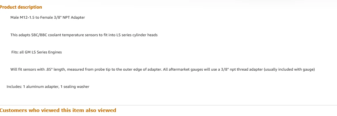 LS Engine Swap M12X1.5 Adapter to 3/8 NPT Extended Length Cooling Water Temperature Sensor Adapter