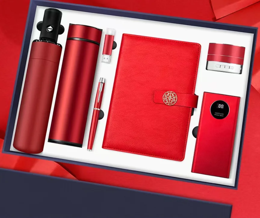 high class classical business book gift set with customized logo on USB cup speaker pen battery charger umbrella gift box