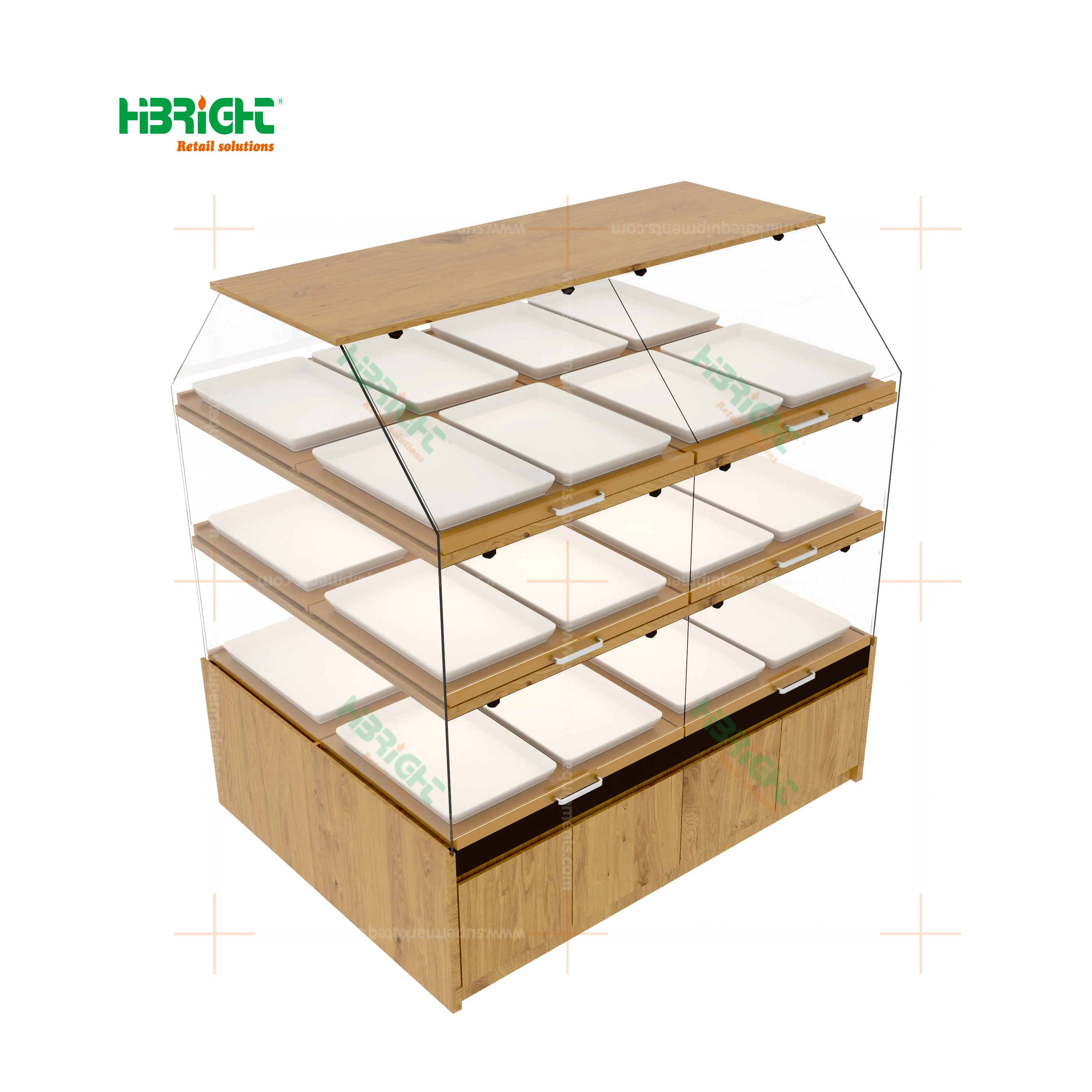 Commercial Double Side Bakery Display Shelves Bread Wooden Showcase