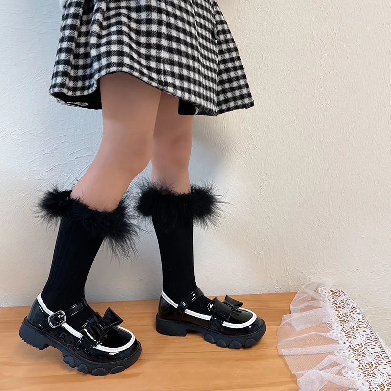 Hot Sell Solid Color Feather Trim Faux Fur Trim Baby Girls Ribbed Knee High Boot Socks Kids Girls Fluffy Fur Socks