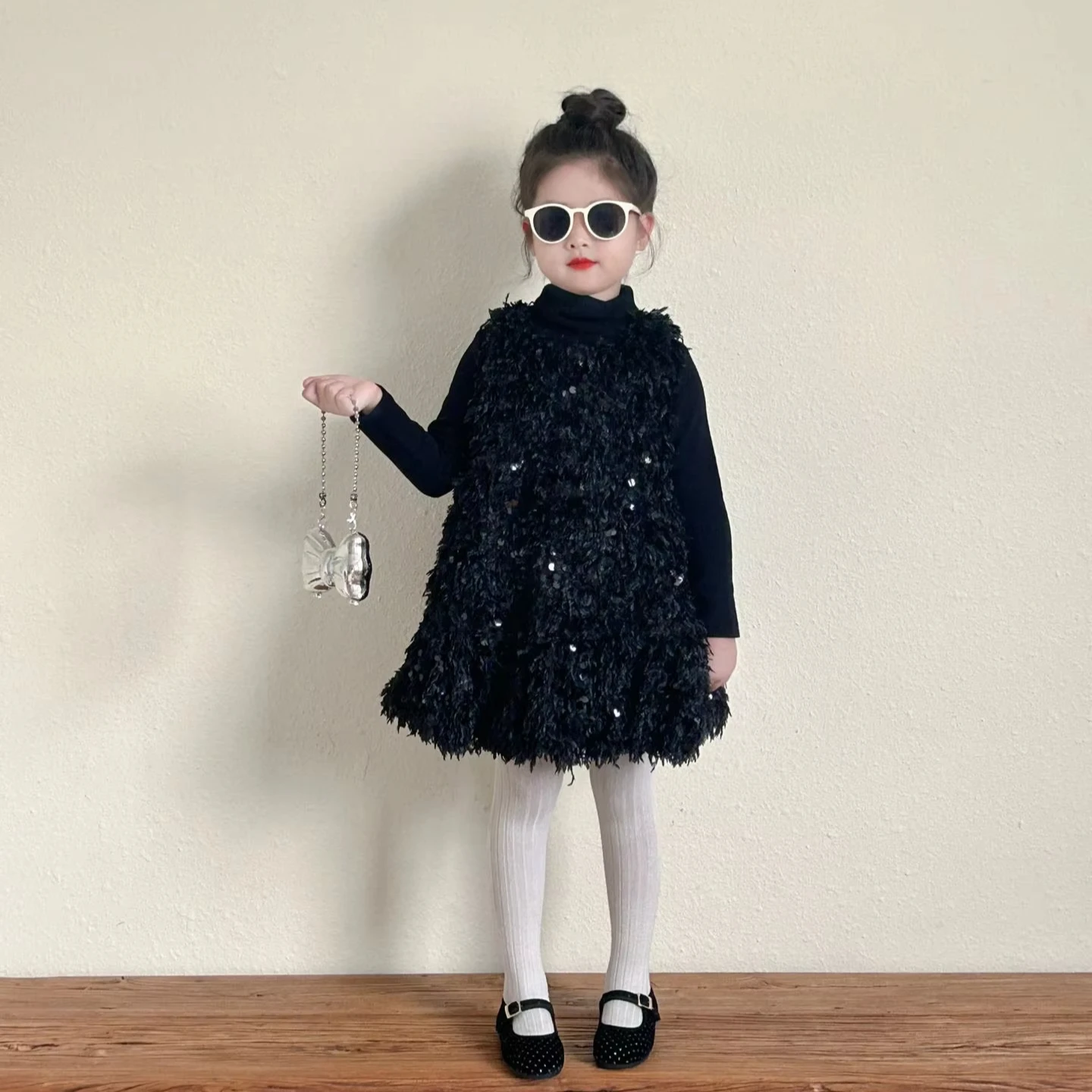 105 solid black little baby girls fur sequin sleeveless dress infant toddler kids solid black under shirt clothing wholesale