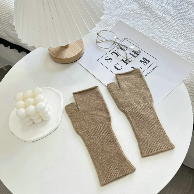 Solid Color Half Finger Knit Gloves Soft Warm Stretch Custom Knit Gloves Mittens For Men And Women