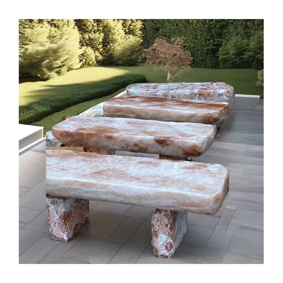 Уличный садовый резной стол и скамейки из оникса и мрамора