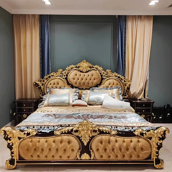 Высококлассная французская роскошная кровать размера «queen-size» мебель для спальни Классическая королевская резная однотонная деревянная двуспальная из натуральной кожи
