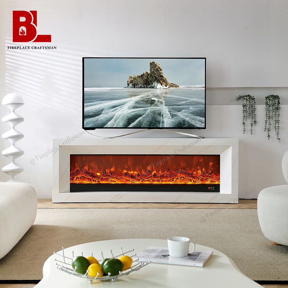 Luxury Living Room Furniture Wood TV Cabinet Modern Electric Fireplace With MDF Marble TV Stand