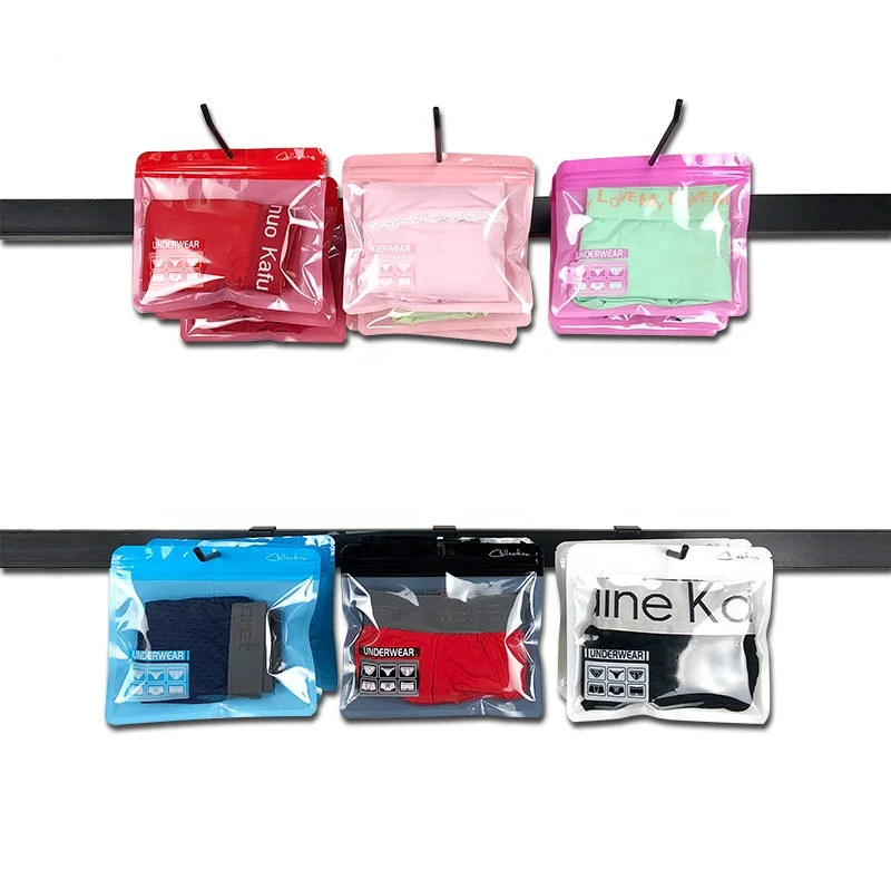 Transparent Window Zipper Bag Printed Plastic Clothes Underwear Sock Packaging Bags With Hanger And PTC Zip Lock