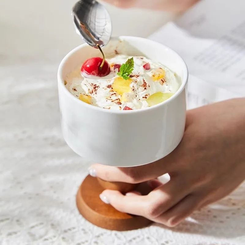 Vintage Ceramic Goblet French Style Ice Cream Cup Ins Pudding Dessert Bowl Household Wooden Feet Candle Cup Candle Holder