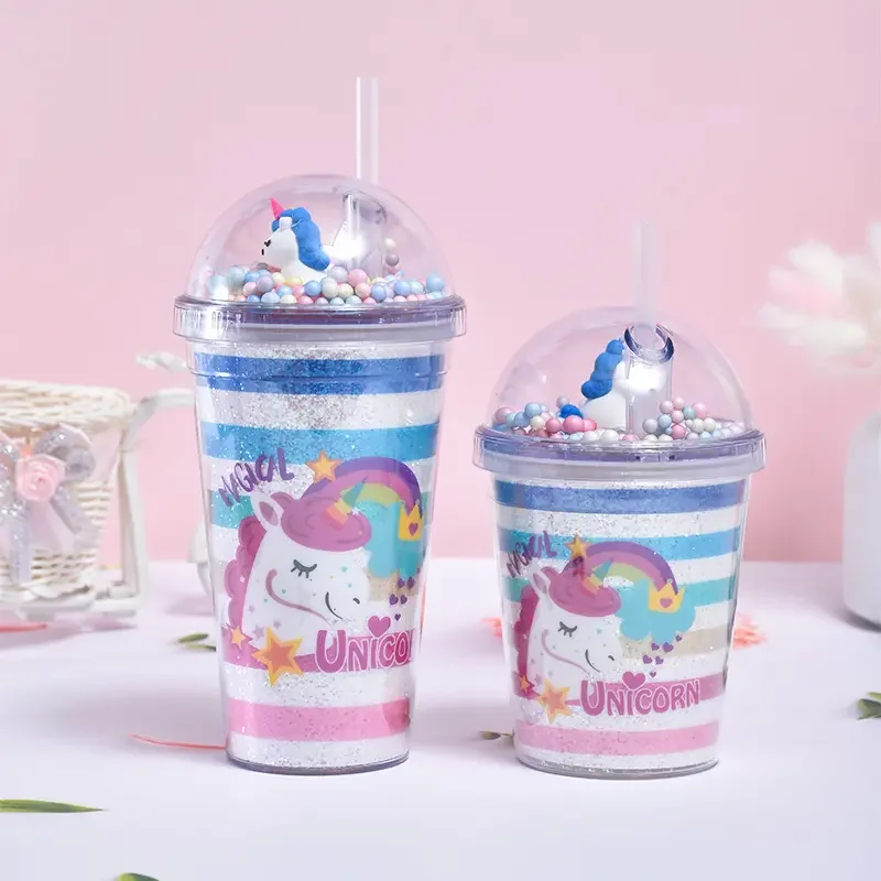 Wholesale cute cartoon girl sipper bottle water bottle plastic sports double-layer tumbler unicorn kids water bottle with straw