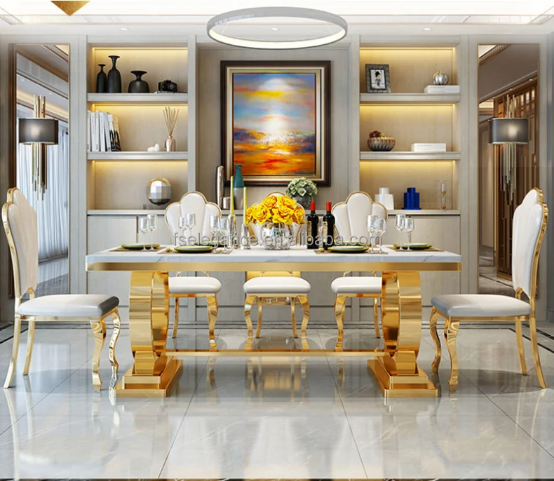 2020 Customized Rectangular Real Natural Marble Top Italian Luxury Design Wood Types 6 Chairs Dining Table Set