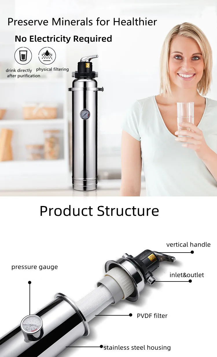 EIREE 2022 New Backwash PVDF hand-washable Filter SUS 304 Stainless Steel Housing Home Smart Water Filters UF Water Purifier