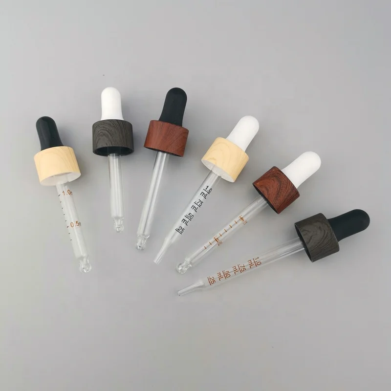 plastic wooden dropper cap 18mm water transfer wood printed plastic dropper cap with glass pipette for essential oil bottles