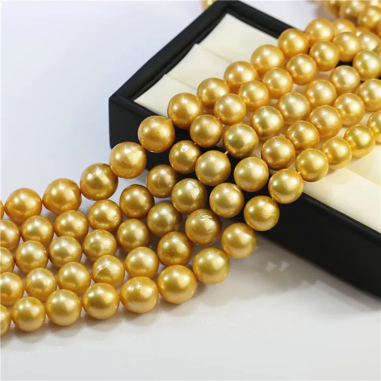 Feirun 12-13mm round AA+ golden color cultured freshwater big natural pearls strands wholesale 16 inch