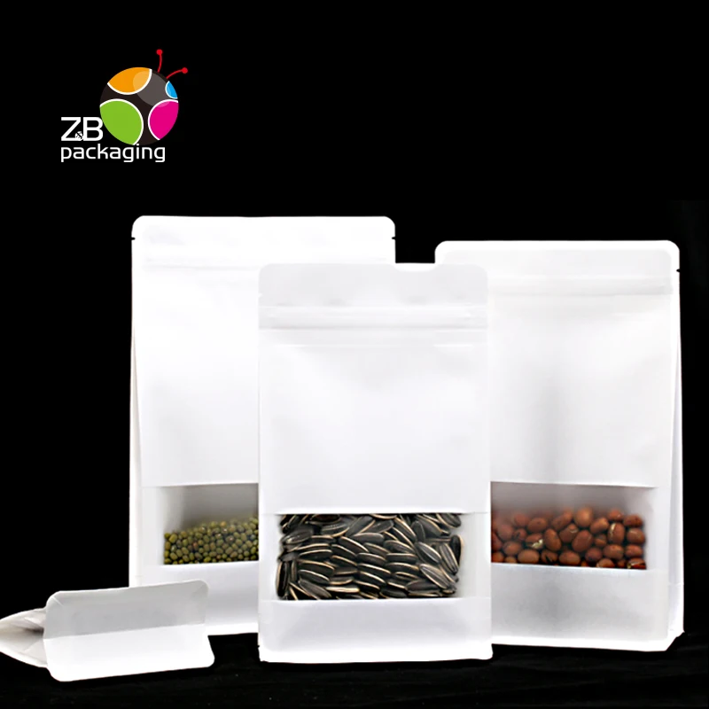 Popular square window no printing logo plastic flat bottom stand up white kraft paper zipper bag without valve