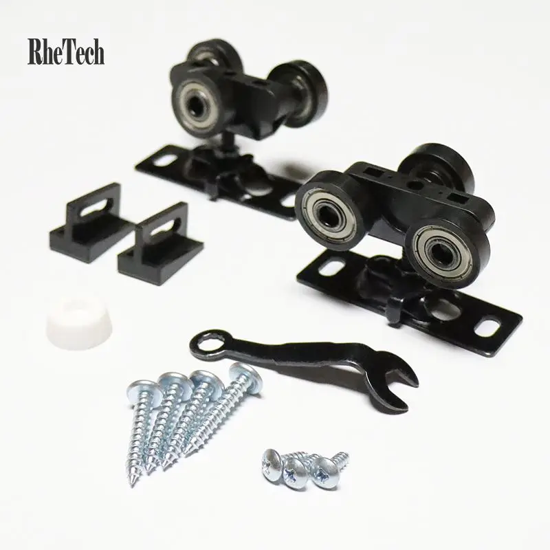 RHETECH Heavy Duty Sliding Pocket Door Rollers Runners Metal Black Pulley 3-Wheel Overhead Door Rollers Bearings for Furniture