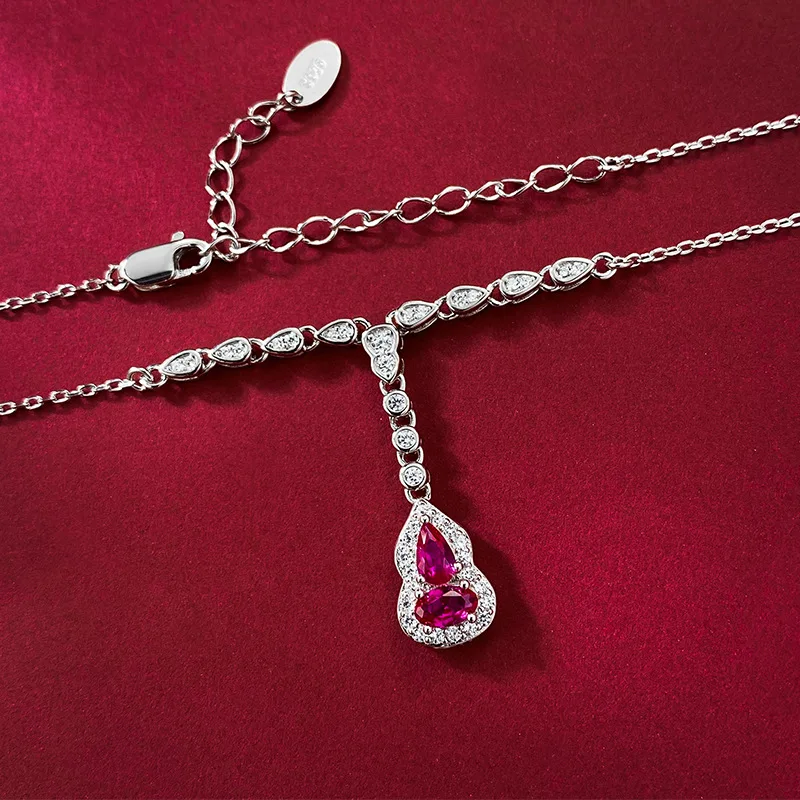 Simulated Pigeon Blood Ruby Small Gourd Necklace, Artificial Gemstone Jewelry 925 Sterling Silver Pendant Female