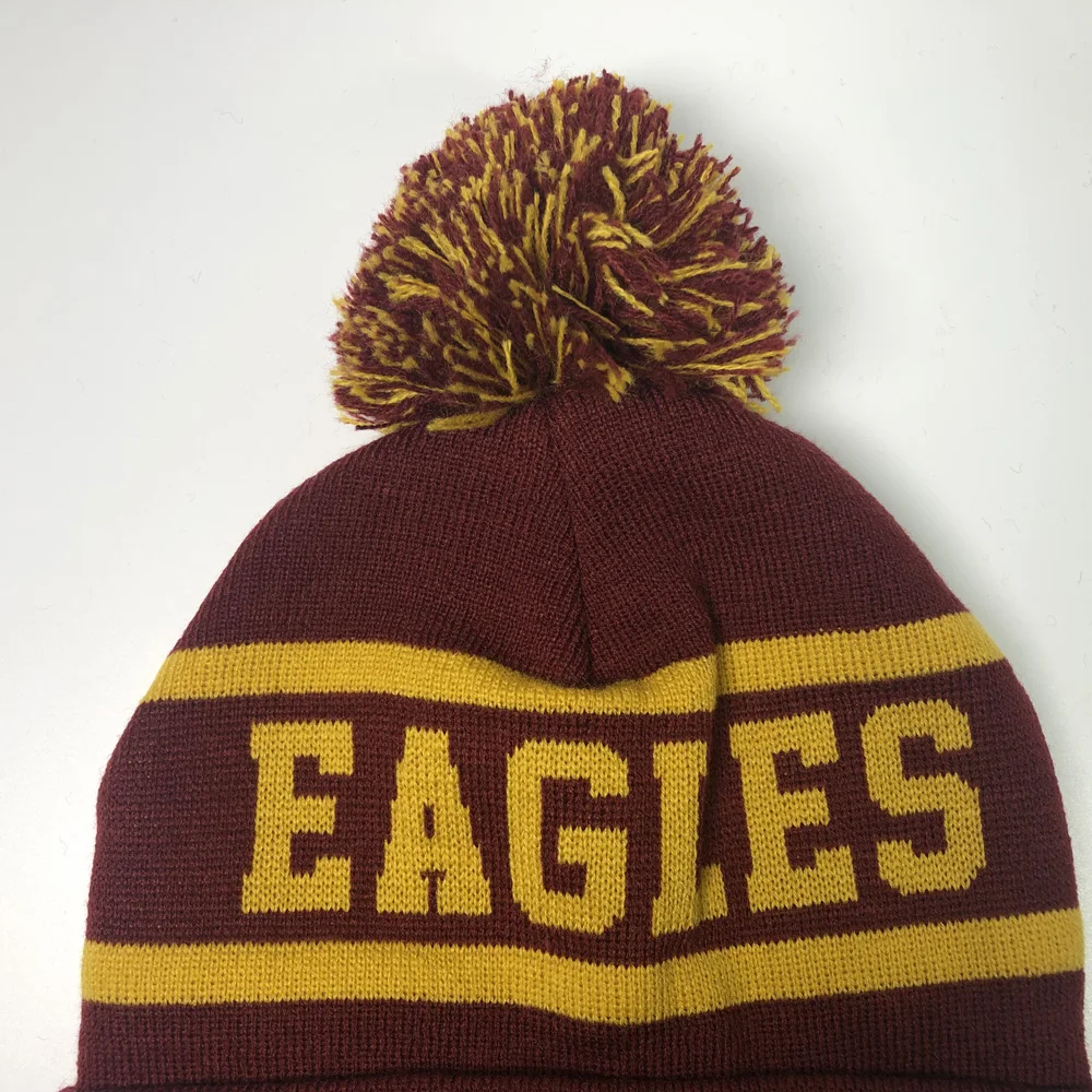 OEM Unisex maroon stylish winter knit caps Fashion artwork jacquard pompom eagle hat embroidered Custom winter hat bobble
