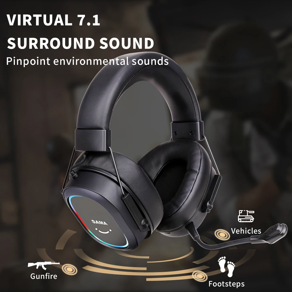 SAMA High Quality 7.1 Channel Surround Sound Gaming Headset Wireless Headphones Mic RGB USB Gamer Headset Gaming Headphone