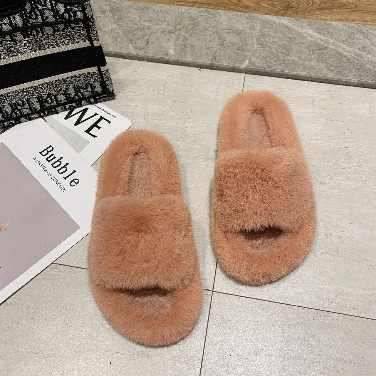 Moyo  Beauty Comfort Warm cotton Home Slides Increased Pure Color Peep-toe fluffy Slippers For Women Winter  Slippers  For Women