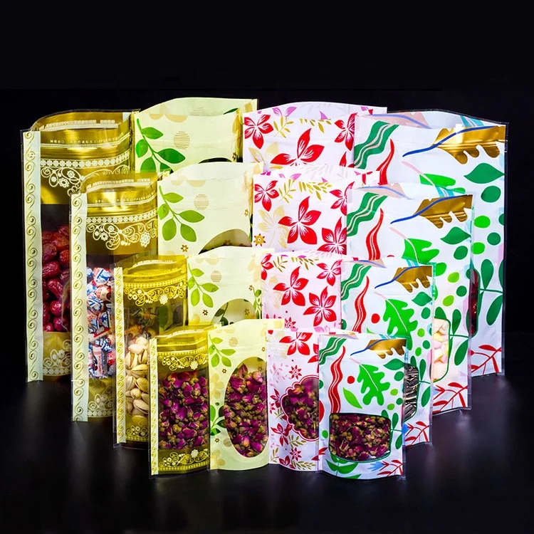 wholesale Printed clear plastic food packaging bag window stand bag with zipper