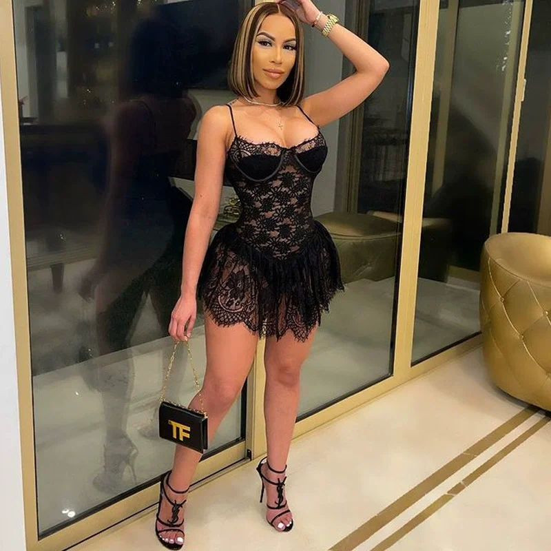 Eyelashes lace new ins sexy wrapped chest strap halter hollow dress short skirt women